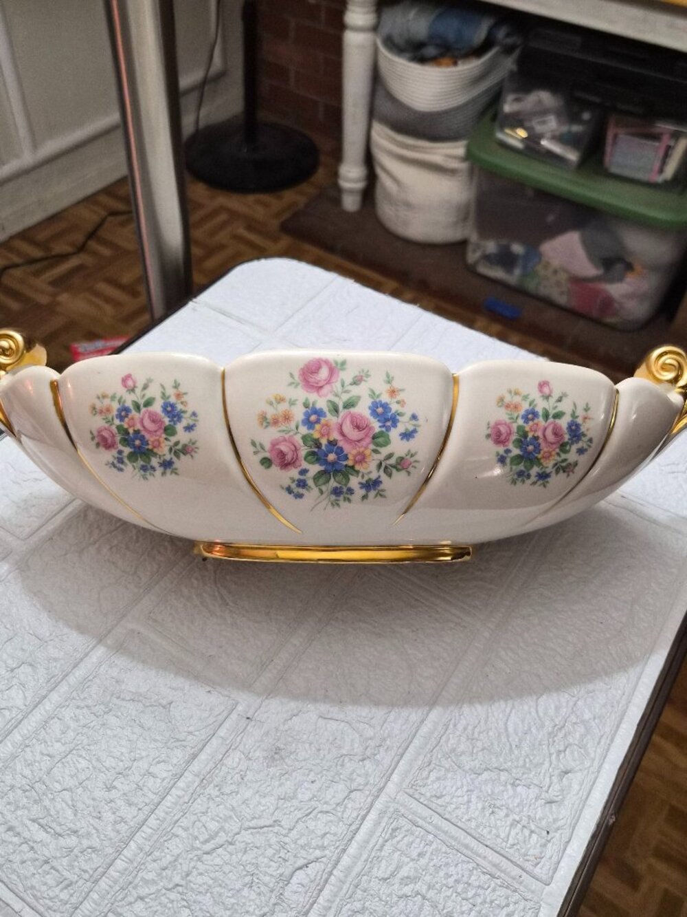 Vintage Abingdon USA Pottery Console Bowl -White Floral-Gold Trim Cottage 1940's